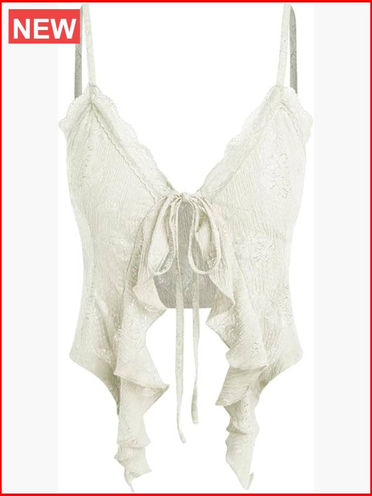Lace Spaghetti Strap Crop Top With Tie Front And Ruffle Hem